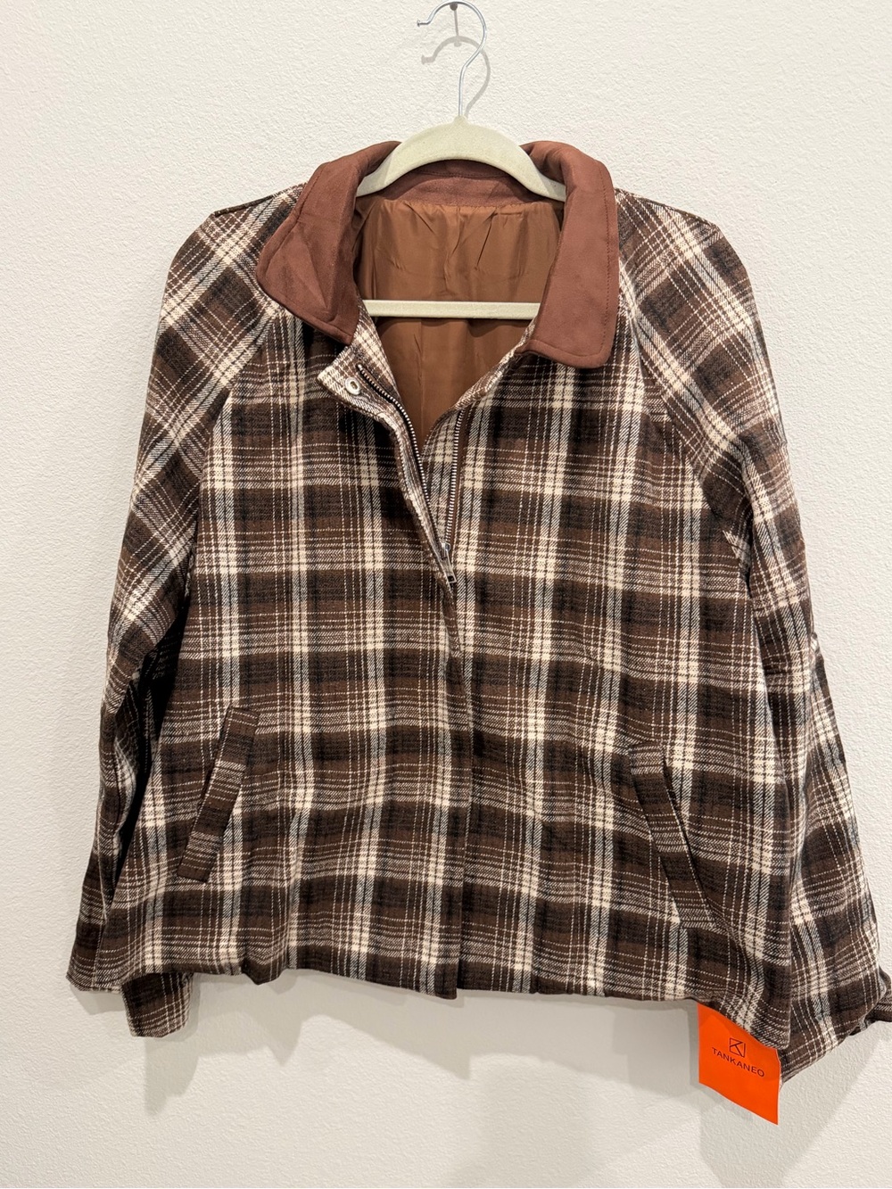 Tankaneo Brown Plaid cropped Women's Jacket with Suede Collar